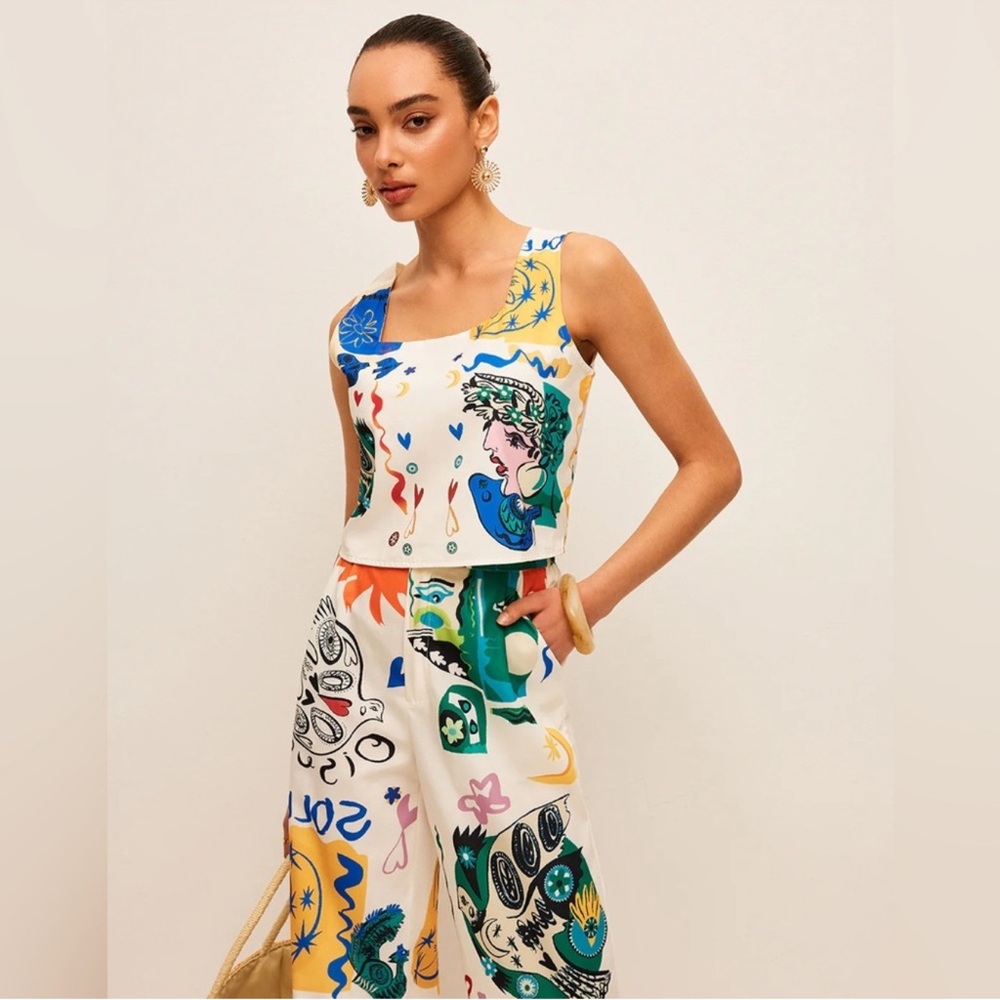 NWT Commense Graphic Print Crop Top With Wide-Leg Pants Set Size XL - Picture 2 of 12